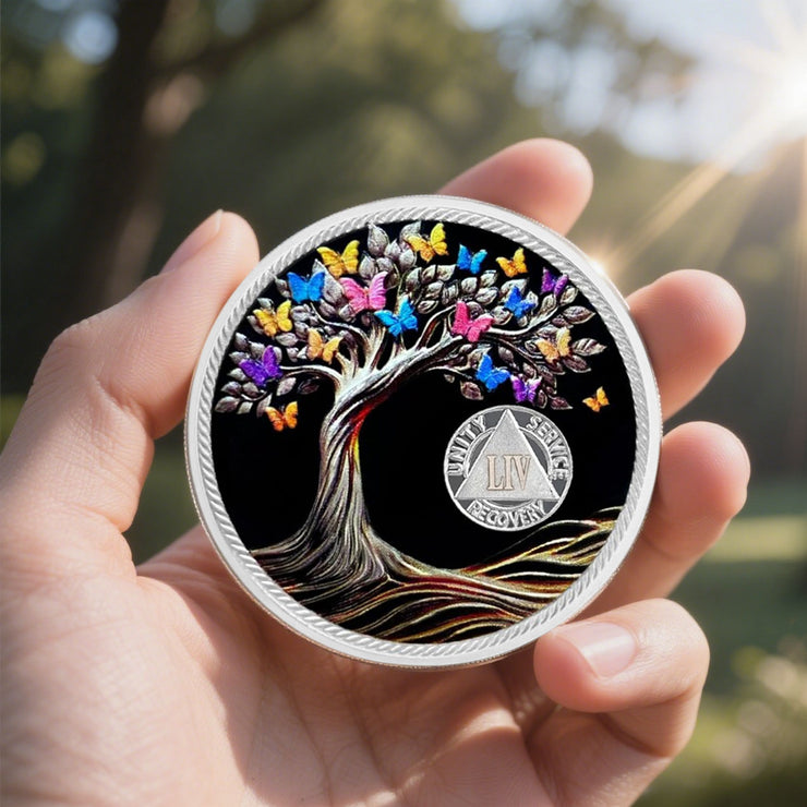Personalized Delicate Recovery Butterfly Tree of Life Sobriety Coin