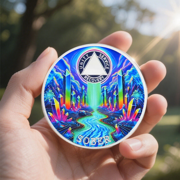 Personalized Colorful Crystal River Sobriety Coin