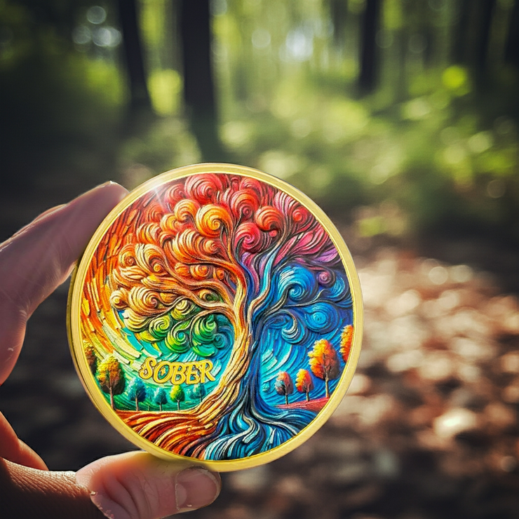 0-10 Year Artsy Oil Painting Recovery Addiction Tree of Life Sobriety Coin
