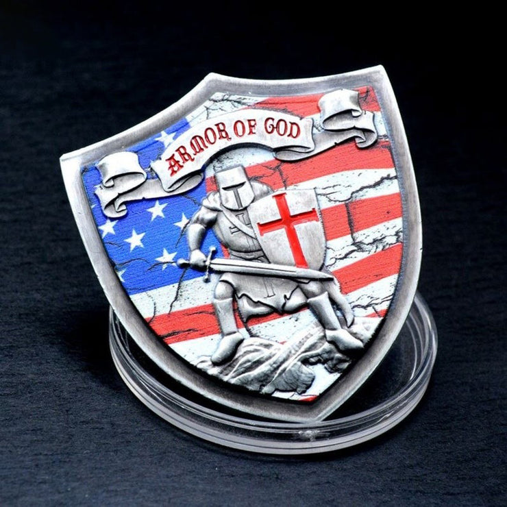 Armor of God Knights Templar US Flag Shield Challenge Coin-ATSKNSK