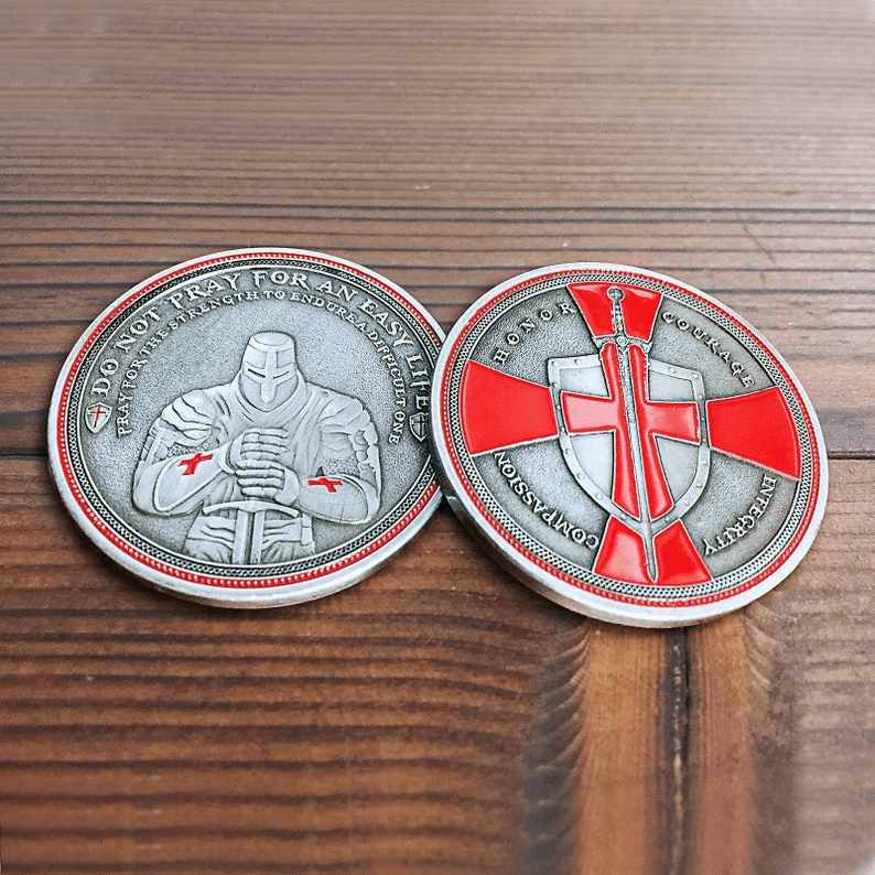 Knights Templar Cross Challenge Coin Crusader Sword and Shield Life Creed Token