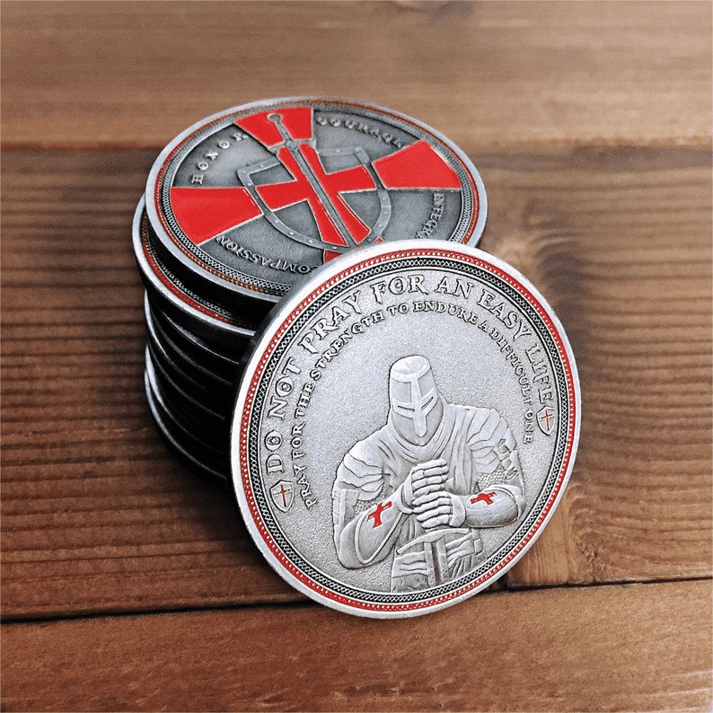 Knights Templar Cross Challenge Coin Crusader Sword and Shield Life Creed Token