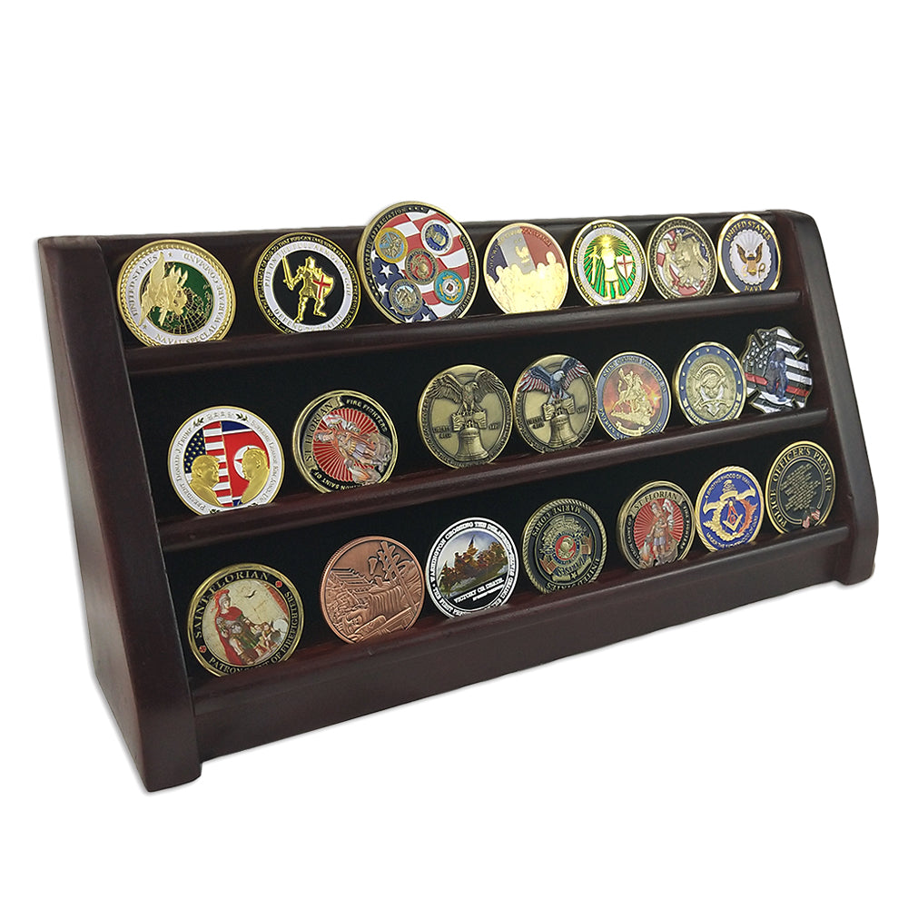 Wooden Challenge Coins Display Rack Deep Cherry Finish