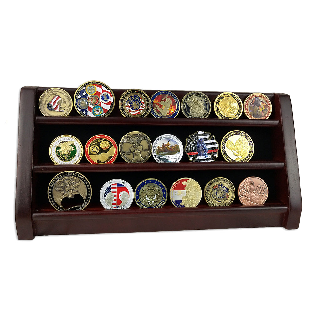 Wooden Challenge Coins Display Rack Deep Cherry Finish