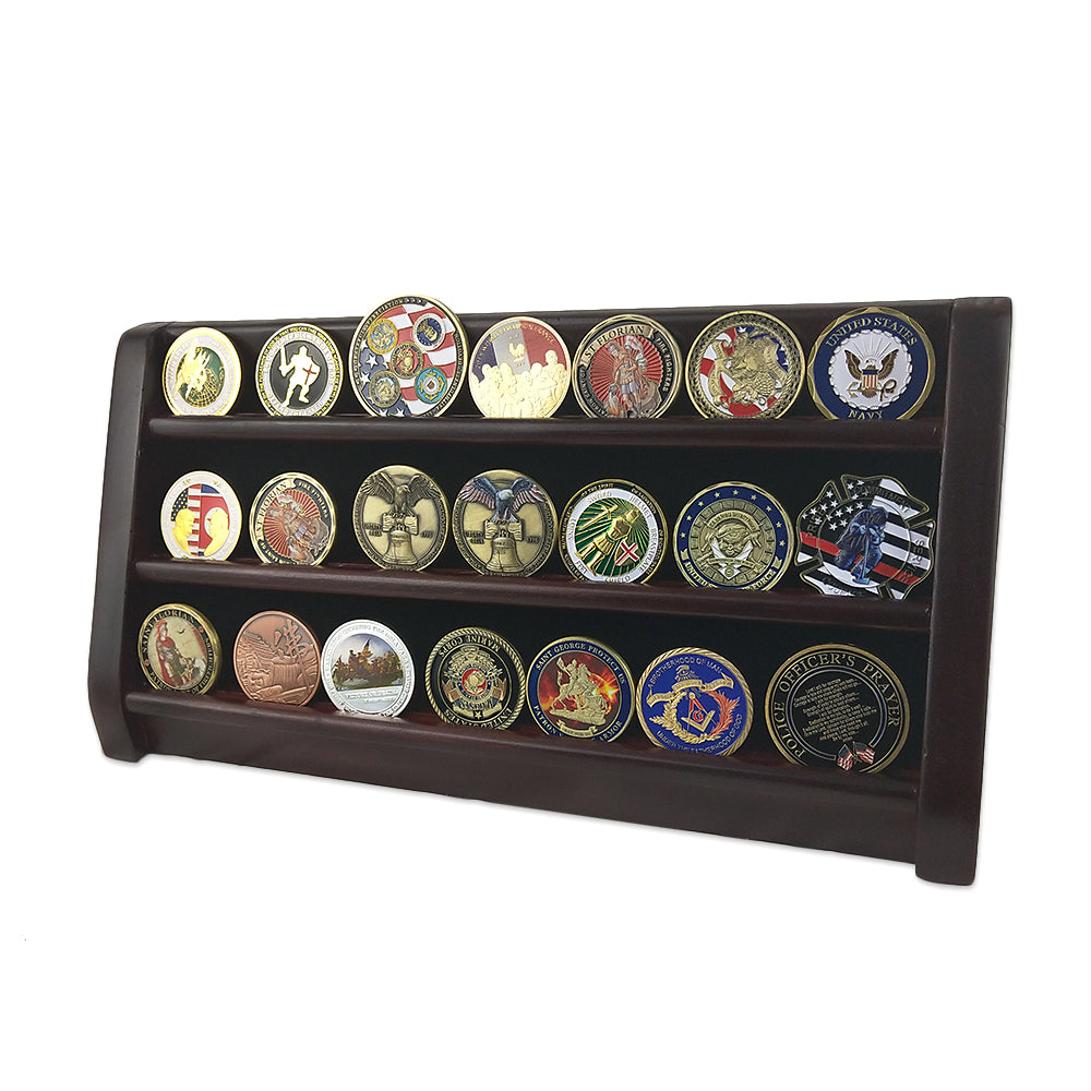 Wooden Challenge Coins Display Rack Deep Cherry Finish