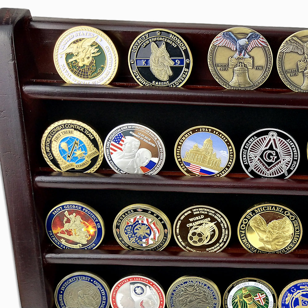 Wooden Challenge Coins Display Rack Deep Cherry Finish