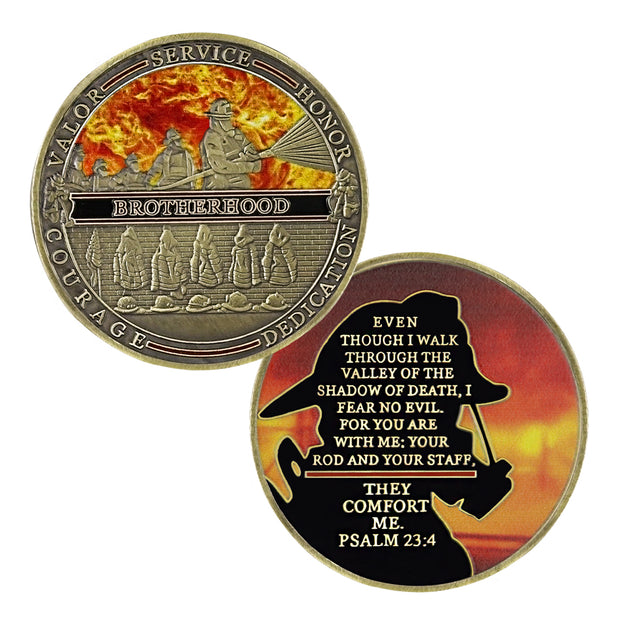Firefighter Challenge Coin A Thin Red Line Prayer Psalm 23:4 Brotherhood Badge