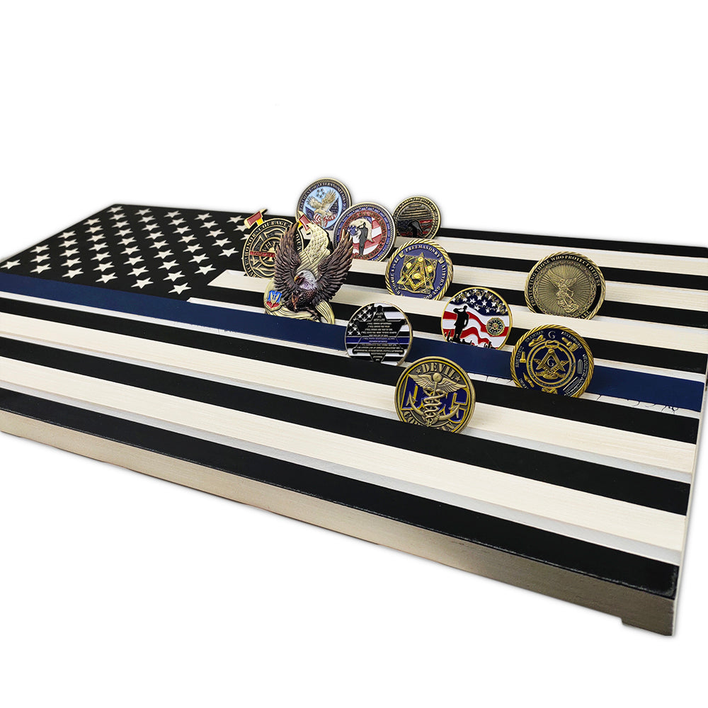 Thin Blue Line/ Stars and Stripes Engraving Challenge Coin Display