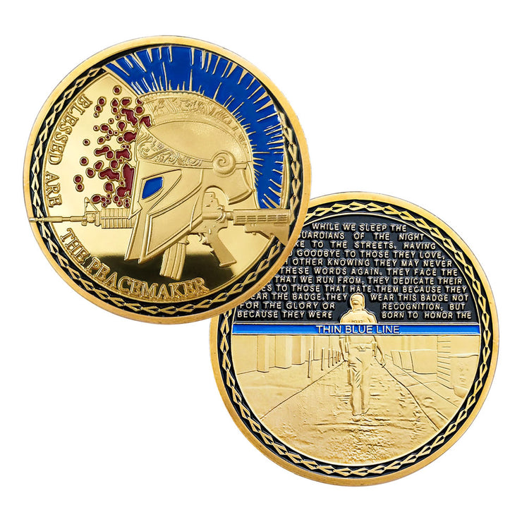 Blessd Are the Peacemaker Police Challenge Coin Thin Blue Line Spartan Spirit