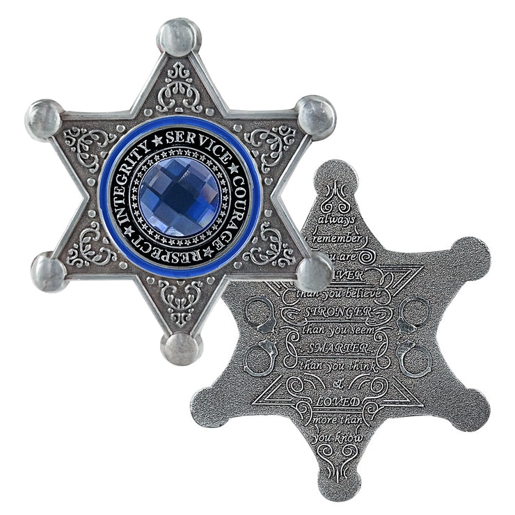 Sheriff Six Pointed Star Police Challenge Coin with Blue Gem Collectible Gift Coin