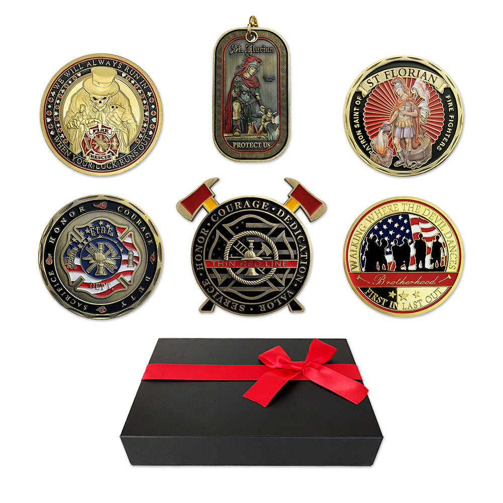 Firefighter Challenge Coin 6 Pcs Gift Bundle A Thin Red Line Ribbon Warp Box