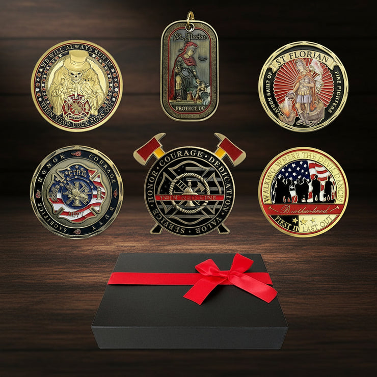Firefighter Challenge Coin 6 Pcs Gift Bundle A Thin Red Line Ribbon Warp Box
