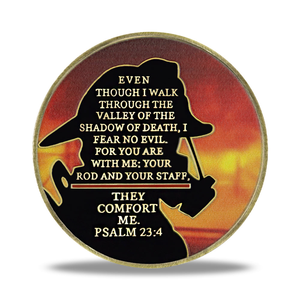 Firefighter Challenge Coin A Thin Red Line Prayer Psalm 23:4 Brotherhood Badge
