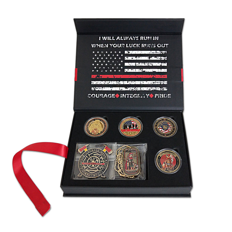 Firefighter Challenge Coin 6 Pcs Gift Bundle A Thin Red Line Ribbon Warp Box
