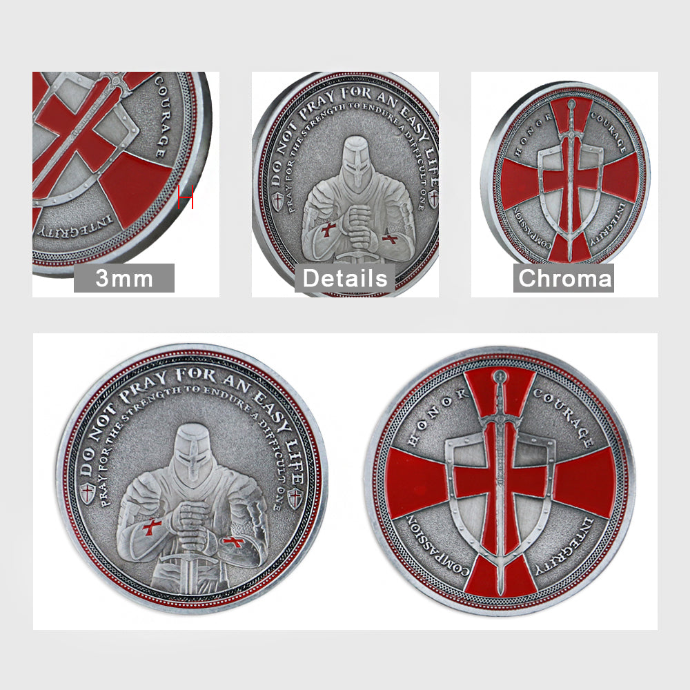 Knights Templar Cross Challenge Coin Crusader Sword and Shield Life Creed Token