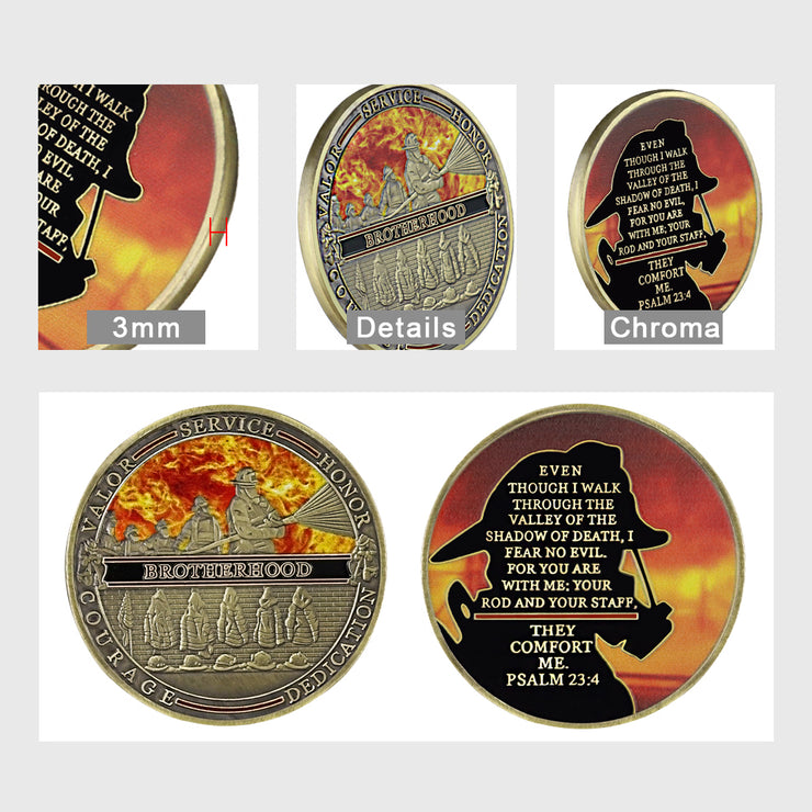 Firefighter Challenge Coin A Thin Red Line Prayer Psalm 23:4 Brotherhood Badge