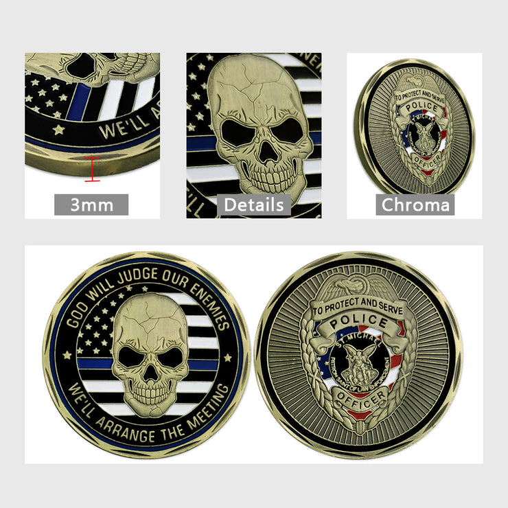 Thin Blue Line Skull St Michael Police Challenge Coin