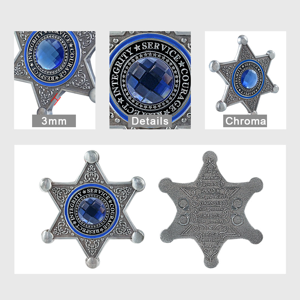 Sheriff Six Pointed Star Police Challenge Coin with Blue Gem Collectible Gift Coin