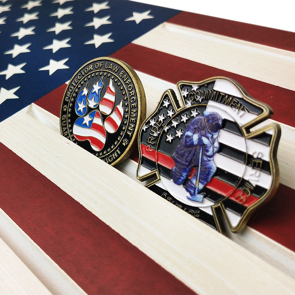 Thin Blue Line/ Stars and Stripes Engraving Challenge Coin Display