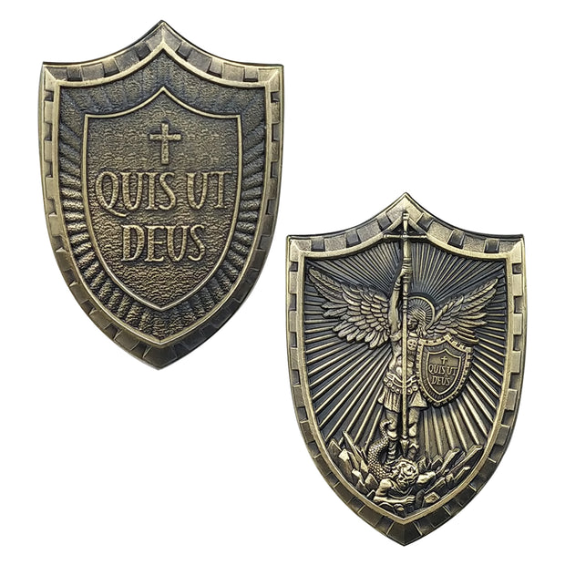 St Micheal Archangel Shield Challenge Coin Quis ut Deus Christian Gift for Men