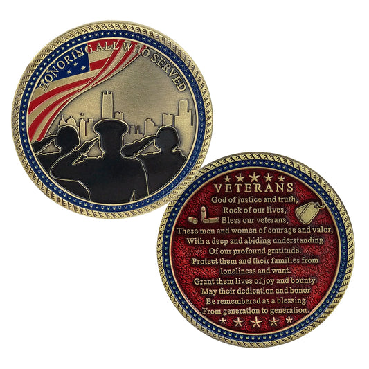 Military Veterans Salute Challenge Coin Prayer Medallion Honorable Hero Collectible